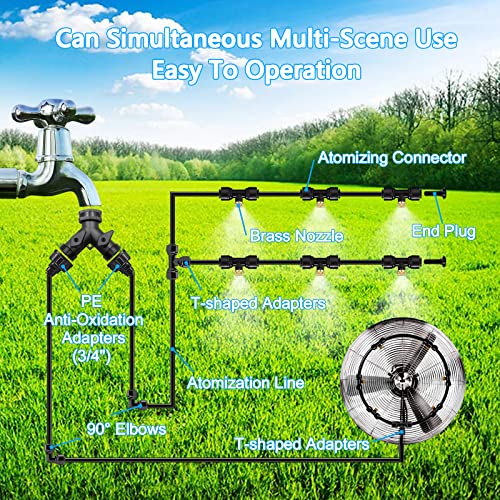 Misting Systems, Misters for Outside Patio, 100 FT Misting Cooling System + 30 Sets Brass Mister System + 2 PE Antioxidant Adapters(3/4")+ 2 Tee Adapters + 2 90 Degree Elbows and （Additional Accessories）for Pasture, Garden, Greenhouse, Gazebo.