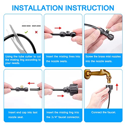 Misting Systems, Misters for Outside Patio, 100 FT Misting Cooling System + 30 Sets Brass Mister System + 2 PE Antioxidant Adapters(3/4")+ 2 Tee Adapters + 2 90 Degree Elbows and （Additional Accessories）for Pasture, Garden, Greenhouse, Gazebo.