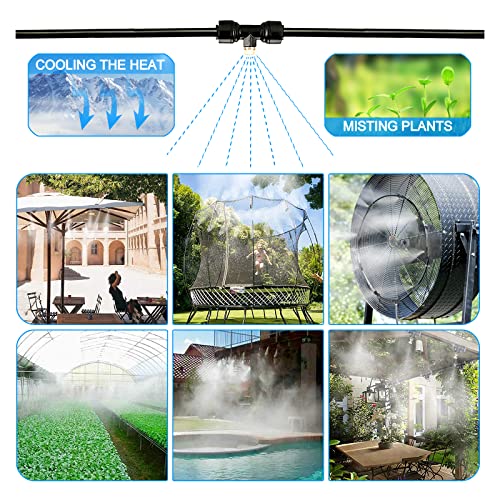 Misting Systems, Misters for Outside Patio, 100 FT Misting Cooling System + 30 Sets Brass Mister System + 2 PE Antioxidant Adapters(3/4")+ 2 Tee Adapters + 2 90 Degree Elbows and （Additional Accessories）for Pasture, Garden, Greenhouse, Gazebo.