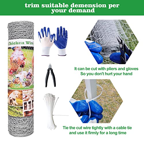 Chicken Wire Fencing Mesh 16.9IN x 50FT, Poultry Wire Netting Hexagonal Galvanized Mesh Garden Fence Barrier for Pet Rabbit Chicken Coop Cage with Mini Cutting Pliers, Wire Ties and Gloves, Silver