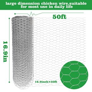Chicken Wire Fencing Mesh 16.9IN x 50FT, Poultry Wire Netting Hexagonal Galvanized Mesh Garden Fence Barrier for Pet Rabbit Chicken Coop Cage with Mini Cutting Pliers, Wire Ties and Gloves, Silver