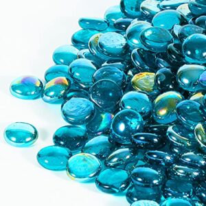 apromise fire glass for fire pit – 3/4 inch fire pit glass beads | shiny fire glass for propane/gas fire pit and fireplace | flat glass marbles for vase & aquarium & garden | 10lbs | caribbean blue