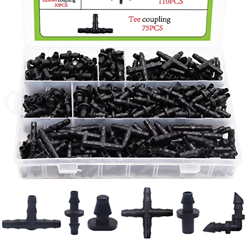 Aienxn 340PCS 1/4" Drip Irrigation Barbed Connectors Kit, Barbed Connectors Irrigation Fittings for Vegetable Garden Lawn Flower Pot Q-K1-042-BOX