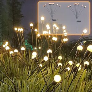 jsmaaser 2pcs 10 led solar powered firefly lights, garden lights solar powered waterproof, starburst swaying light swaying when wind blows for landscape, pathway, patio, christmas (warm white, 10 led)