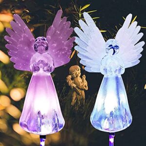 rirool 2 pack solar angel lights, solar powered garden stake lights, multi-color changing angel decorative lights for cemetery grave yard patio outdoor decoration memorial gifts