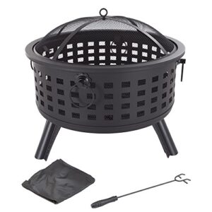 fire pit set, wood burning pit – includes spark screen and log poker – great for outdoor and patio, 26” round metal firepit by pure garden