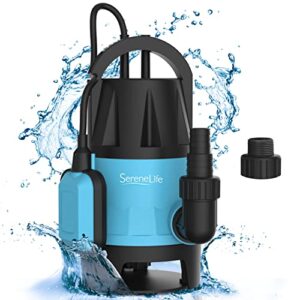 serenelife submersible sump pump for pool draining 400w 1/2hp 1981gph bonus 2 fitting attachments for usa garden and flat hose, clean dirty water, auto float switch garden, yard, swimming, tub, pond