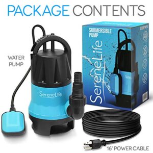 SereneLife Submersible Sump Pump for Pool Draining 400W 1/2HP 1981GPH Bonus 2 Fitting Attachments for USA Garden and Flat Hose, Clean Dirty Water, Auto Float Switch Garden, Yard, Swimming, Tub, Pond