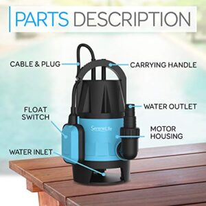 SereneLife Submersible Sump Pump for Pool Draining 400W 1/2HP 1981GPH Bonus 2 Fitting Attachments for USA Garden and Flat Hose, Clean Dirty Water, Auto Float Switch Garden, Yard, Swimming, Tub, Pond