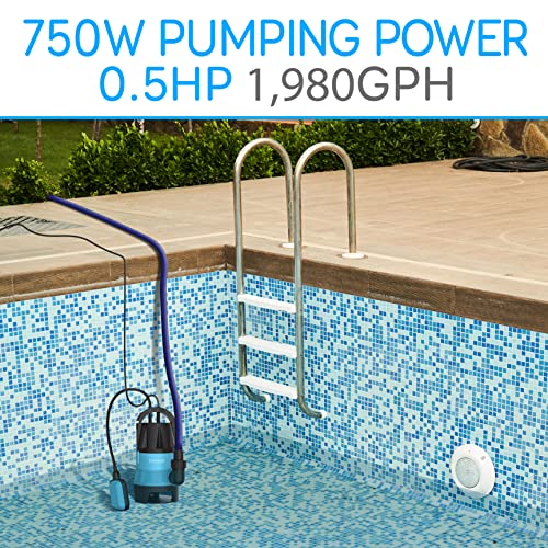 SereneLife Submersible Sump Pump for Pool Draining 400W 1/2HP 1981GPH Bonus 2 Fitting Attachments for USA Garden and Flat Hose, Clean Dirty Water, Auto Float Switch Garden, Yard, Swimming, Tub, Pond