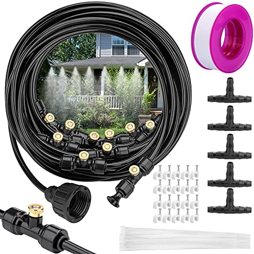 Petutu Misting Cooling System 65.6ft(20M) Misting Line + 25 Brass Mist Nozzles + a Faucet Connector (3/4") Fan Misting Kit Outdoor Mister for Patio Garden Greenhouse Trampoline for waterpark