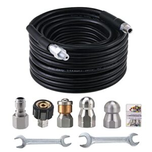 tool daily sewer jetter kit for pressure washer, 50 ft hose, 1/4 inch npt, corner, rotating and button nose sewer jetting nozzle, 3600 psi