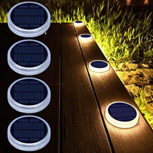 solar deck lights, driveway walkway dock light solar powered outdoor waterproof stair step pathway ground led lamp for backyard patio garden, auto on/off – warm white – 4 pack