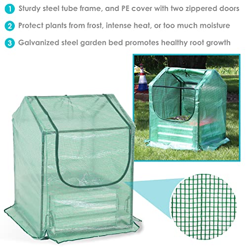 Sunnydaze 2' x 2' Steel Raised Garden Bed with Mini Greenhouse - Outdoor Greenhouse Kit - 2 Zippered Doors - Green