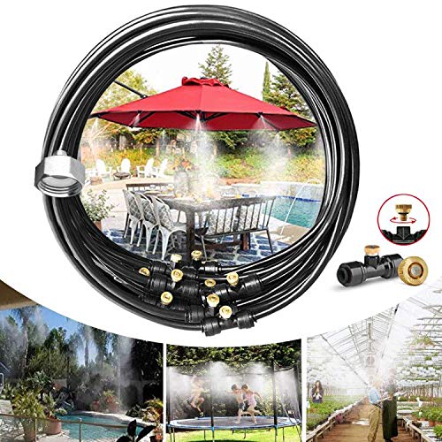 Misting Cooling System, Pre-Assembled Misting Kit,33FT (10M) Misting Line + 10 Brass Mist Nozzles + a Brass Adapter(3/4") Outdoor Mister for Patio Garden Greenhouse Trampoline Sprinkle