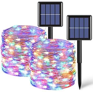 qitong solar fairy lights outdoor waterproof, 2 pack each 33ft 100 led solar string lights multicolor, 8 modes silver wire solar mini twinkle lights