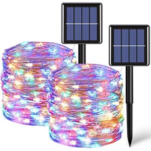 QITONG Solar Fairy Lights Outdoor Waterproof, 2 Pack Each 33ft 100 LED Solar String Lights Multicolor, 8 Modes Silver Wire Solar Mini Twinkle Lights