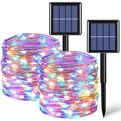 QITONG Solar Fairy Lights Outdoor Waterproof, 2 Pack Each 33ft 100 LED Solar String Lights Multicolor, 8 Modes Silver Wire Solar Mini Twinkle Lights