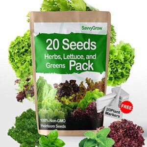 savvygrow herb lettuce green seeds combo – 20 variety 4000+ heirloom garden seeds for planting – 95% plus germination rate, non-gmo & source in usa vegetable seeds