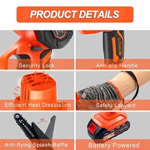 Mini Chainsaw Cordless 6-Inch with 2 Battery, Mini Power Chain Saw with Security Lock, Handheld Small Chainsaw for Tree Trimming Wood Cutting