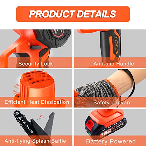 Mini Chainsaw Cordless 6-Inch with 2 Battery, Mini Power Chain Saw with Security Lock, Handheld Small Chainsaw for Tree Trimming Wood Cutting