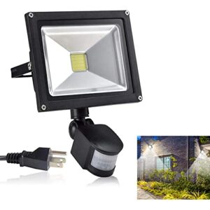 DLLT 30W LED Plug in Motion Sensor Lights Outdoor, 2400LM Flood Light Motion Detected Spotlight, IP66 Waterproof Exterior Security Light for Garage/Yard/Garden/Driveway/Front Door, 6000K White Light