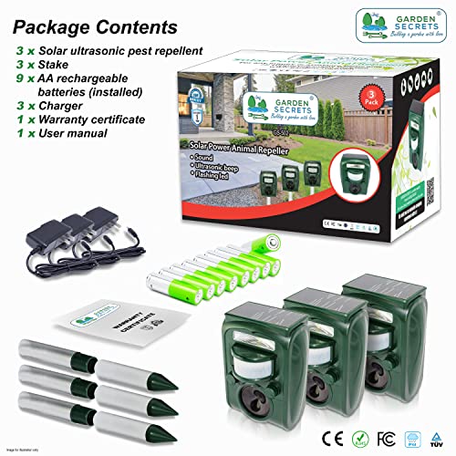 GARDEN SECRETS (2023 Version) Compact Solar Ultrasonic Animal Repellent. Skunk Raccoon Deer Coyote Cat Rat Mice etc Deterrent. Keep Pests Away from Your Property Within 2-4 Weeks. (Green, 3 Pack)