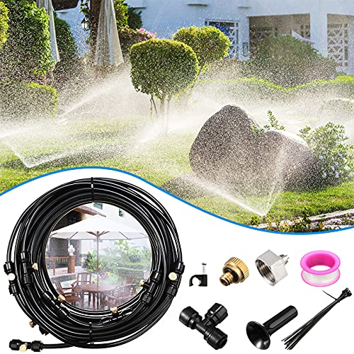 HESTYA Misting Cooling System Outdoor Misting System for Patio, Misting Line, Brass Mist Nozzles, Brass Adapter 3/4 Inch, Outdoor Mister for Patio Garden Greenhouse Trampoline (15 Meters/ 49 Feet)