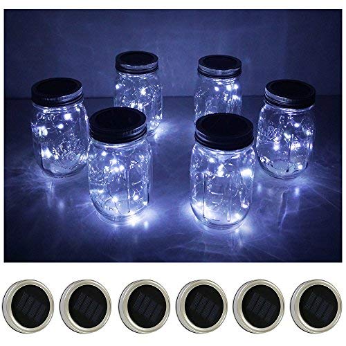 Decorman Solar Mason Jar Lid Lights, 6 Pack 20 LED Waterproof String Fairy Star Firefly Jar Lids Lights for Patio Garden Yard Lawn Party Wedding Christmas Decoration(Jars & Hangers Not Included)