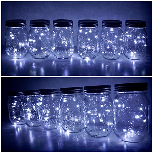 Decorman Solar Mason Jar Lid Lights, 6 Pack 20 LED Waterproof String Fairy Star Firefly Jar Lids Lights for Patio Garden Yard Lawn Party Wedding Christmas Decoration(Jars & Hangers Not Included)