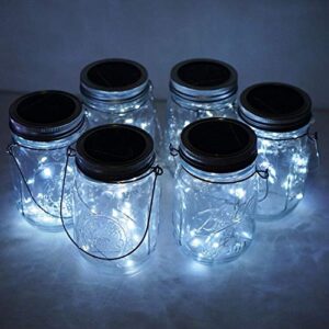 cynzia solar mason jar lights, 6 pack 10 led jar lid string lights with 6 hangers(no jars), waterproof fairy firefly light for garden, patio, outdoor, yard, lawn decor(cold white)
