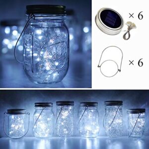 Cynzia Solar Mason Jar Lights, 6 Pack 10 LED Jar Lid String Lights with 6 Hangers(No Jars), Waterproof Fairy Firefly Light for Garden, Patio, Outdoor, Yard, Lawn Decor(Cold White)