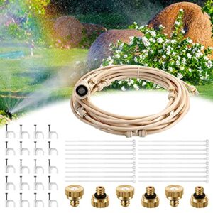 Mist Cooling System 29.5 FT/ 9 m Misting Line, 11 Brass Mist Nozzles, Faucet Connector, 30 Pieces Clip Outdoor Mister Patio Garden Greenhouse Trampoline