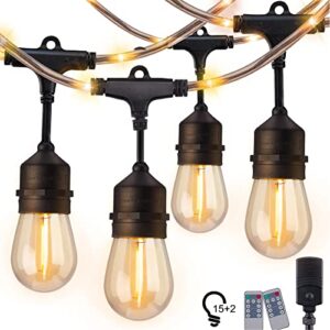 brightown string lights outdoor – 48 ft commercial grade weatherproof lights with 15 led shatterproof dimmable bulbs, remote, timer, glowing mains cord, for xmas vintage patio garden
