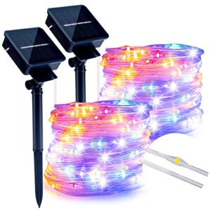 super bright solar string lights outdoor waterproof 2-pack each 46ft 120 led solar fairy lights pvc wire 8 modes christmas lights for tree patio garden yard party pathway decoration (multicolor)
