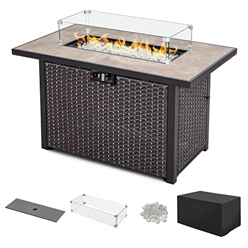 Nuu Garden 43 inch 50,000 BTU Propane Gas Fire Pit Table and Glass Fire Pit Wind Guard Bundle