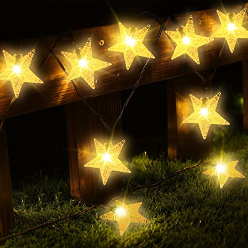 Decute Solar String Lights Outdoor, 100 LED 49ft Star Solar Fairy Lights IP65 Waterproof with Remote, 8 Modes Connectable Solar Christmas Lights for Garden Yard Patio Party Decor, Warm White