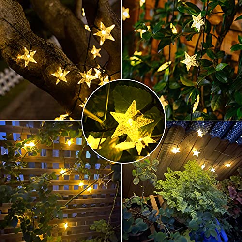 Decute Solar String Lights Outdoor, 100 LED 49ft Star Solar Fairy Lights IP65 Waterproof with Remote, 8 Modes Connectable Solar Christmas Lights for Garden Yard Patio Party Decor, Warm White