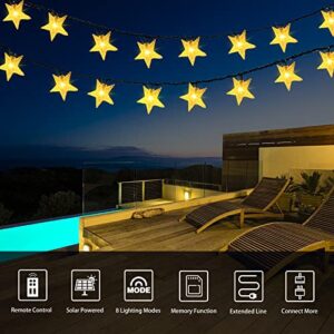 Decute Solar String Lights Outdoor, 100 LED 49ft Star Solar Fairy Lights IP65 Waterproof with Remote, 8 Modes Connectable Solar Christmas Lights for Garden Yard Patio Party Decor, Warm White