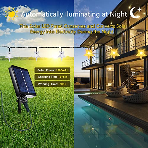 Decute Solar String Lights Outdoor, 100 LED 49ft Star Solar Fairy Lights IP65 Waterproof with Remote, 8 Modes Connectable Solar Christmas Lights for Garden Yard Patio Party Decor, Warm White