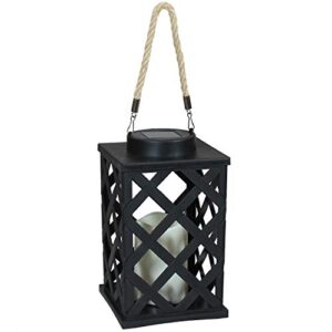 sunnydaze modern crosshatch outdoor solar led decorative candle lantern – rustic farmhouse decor for patio, porch, deck and garden – tabletop and hanging outside light – 9-inch – black