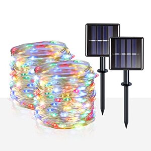 suddus 2 pack 33ft solar fairy string lights small, 100 led multicolor solar fairy lights outdoor, solar christmas lights copper wire for trees garden patio yard deck fence party decoration