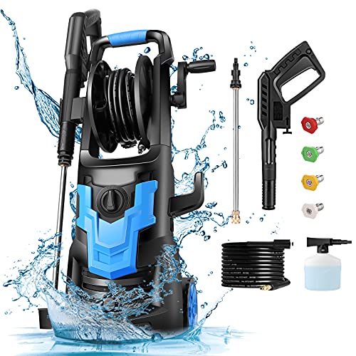 WHOLESUN 𝟐𝟏𝟓𝟎𝐏𝐒𝐈 𝑷𝒓𝒆𝒔𝒔𝒖𝒓𝒆 𝑾𝒂𝒔𝒉𝒆𝒓, 1900W High Power Washer with 𝟭.𝟳𝟭 𝗚𝗣𝙈 Motor with Hose Reel, Self Assembled, Rotatable Iron Spray Lance for Patio/Garden/Car(Blue)