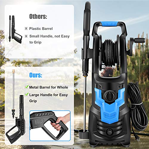 WHOLESUN 𝟐𝟏𝟓𝟎𝐏𝐒𝐈 𝑷𝒓𝒆𝒔𝒔𝒖𝒓𝒆 𝑾𝒂𝒔𝒉𝒆𝒓, 1900W High Power Washer with 𝟭.𝟳𝟭 𝗚𝗣𝙈 Motor with Hose Reel, Self Assembled, Rotatable Iron Spray Lance for Patio/Garden/Car(Blue)