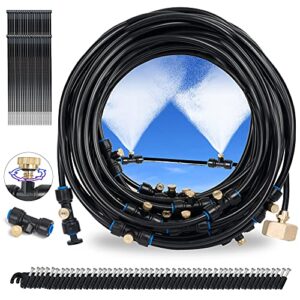 hourleey 50 ft mister system, outdoor misting cooling system with 50 feet misting tube, 20 brass mist nozzles and 3/4″ brass adapter for garden patio greenhouse and trampoline