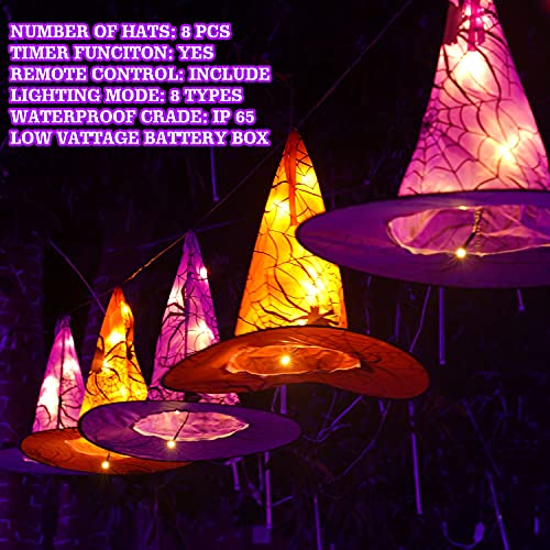 FUNPENY Halloween Decoration Lights, 8 PCS Waterproof Hanging Witch Hat with String Lights with Remote, Hanging Halloween Decorations for Indoor Outdoor Garden Yard Party Decor