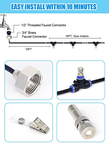 Tesmotor Misters for Outside Patio, 26FT Misting Line + 9 Brass Nozzles Misting System for Cooling, Outdoor Misters for Patio Garden Lawn Pool Umbrella Trampoline