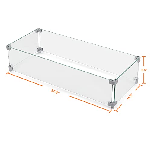 Nuu Garden 27.6'' x 11.7'' x 6.5" Rectangular Fire Pit Wind Guard, Transparent Tempered Glass, Polished Aluminum Brackets, 3M Anti-Slip Pads, Fit for Best Choice 52-inch Fire Table WG01