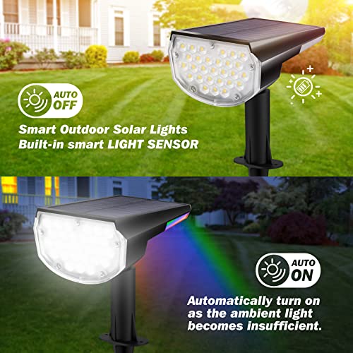 USOKYO 2 Pack Solar Spot Lights Outdoor, 34 LED Solar Lights Outdoor Waterproof IP65 Solar Garden Pathway Lights 3 Modes Outdoor Solar Lights for Yard Porch (Cool White & RGB Tail Light)