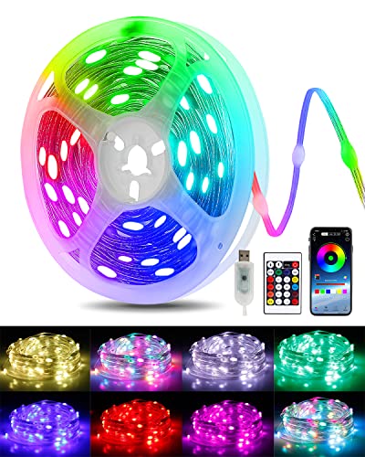 MIHAZ Fairy Lights 16.4ft, RGB Multicolor Changing APP Music Sync Christmas Outdoor String Lights with Remote, USB Control Waterproof DIY Multi-Mode Twinkle Rope Lights Kits for Garden Bedroom Party